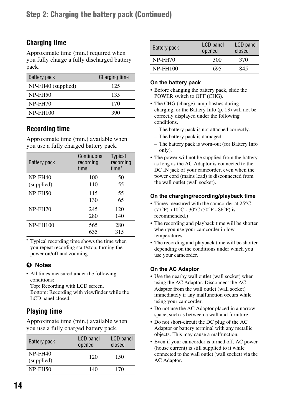 Step 2: charging the battery pack (continued), Charging time, Recording time | Playing time | Sony DCR-HC62 User Manual | Page 14 / 116