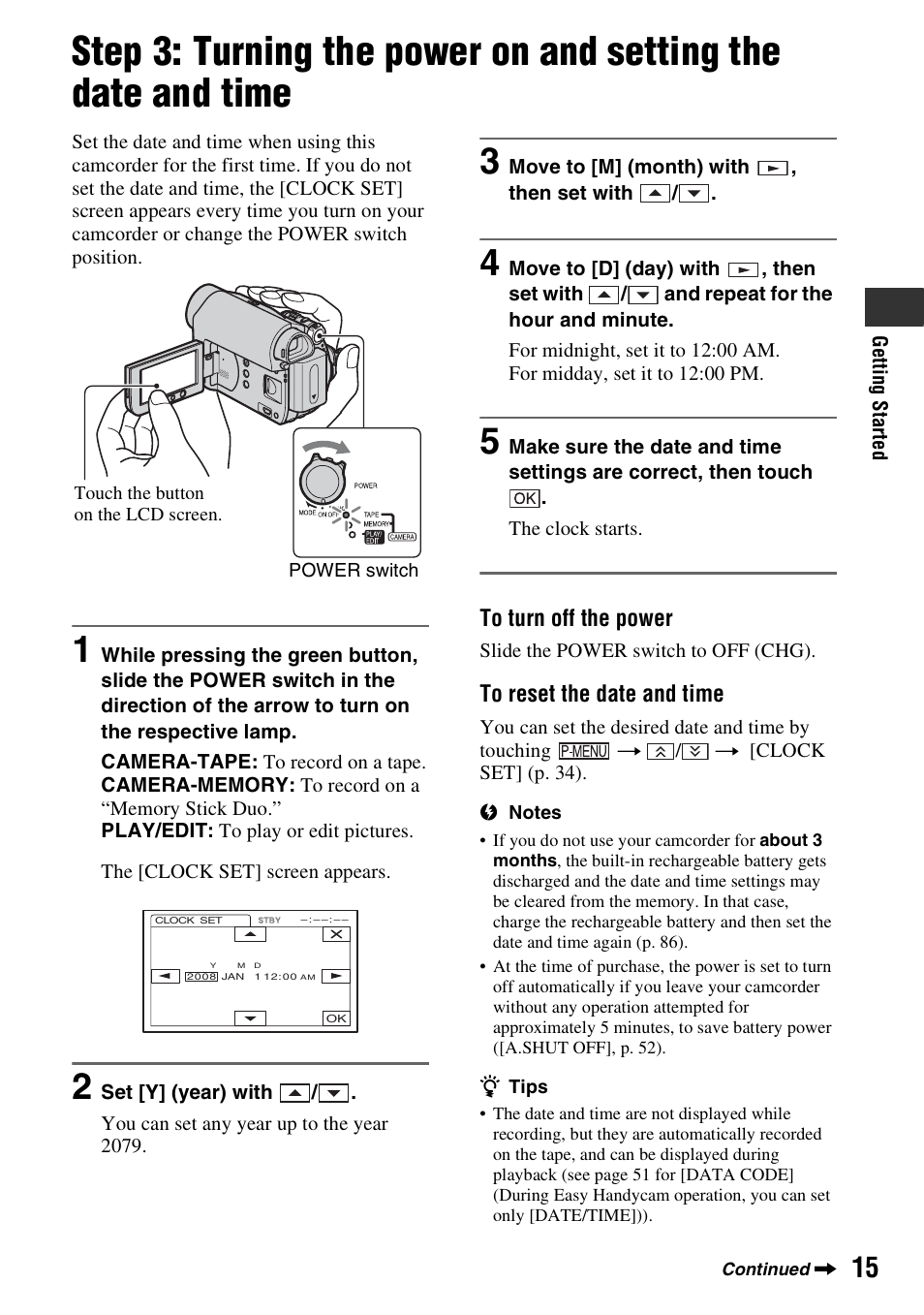 Step 3: turning the power on and, Setting the date and time | Sony DCR-HC62 User Manual | Page 15 / 116