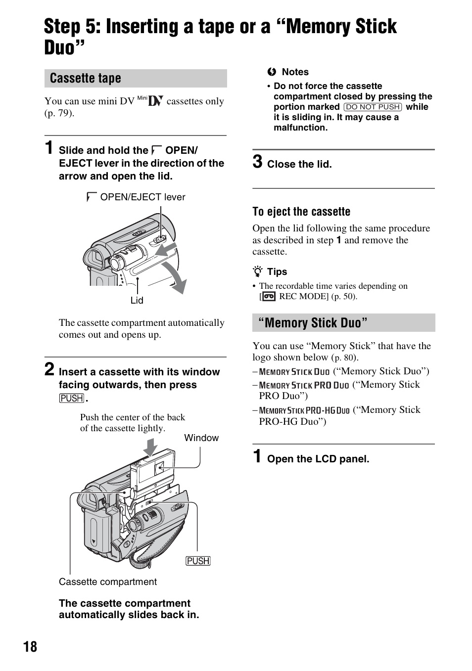 Step 5: inserting a tape or a “memory stick duo, Step 5: inserting a tape or a “memory, Stick duo | Cassette tape | Sony DCR-HC62 User Manual | Page 18 / 116