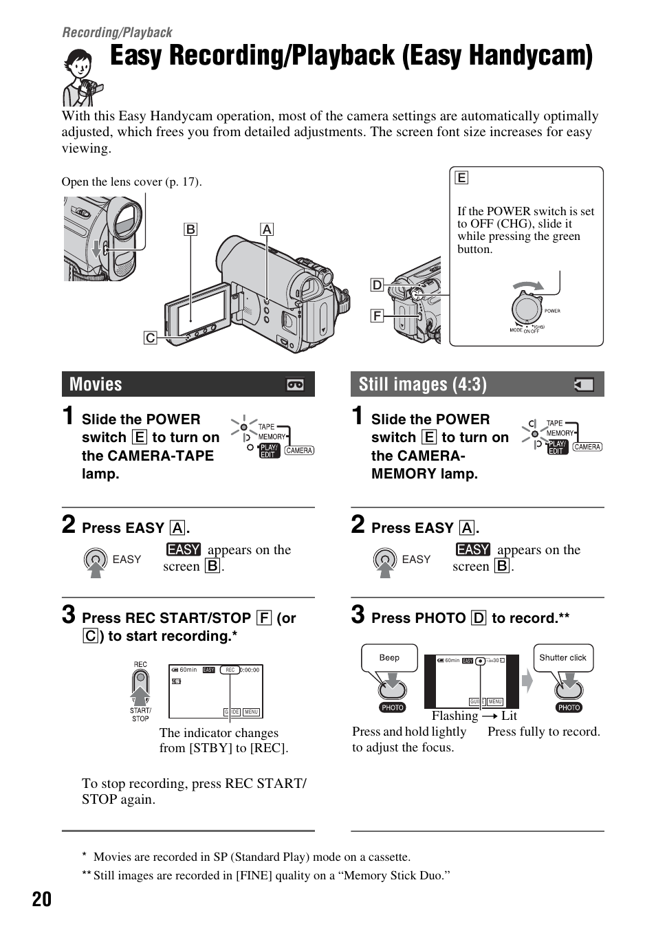 Recording/playback, Easy recording/playback (easy handycam), Recording | Playback, Movies, Still images (4:3) | Sony DCR-HC62 User Manual | Page 20 / 116
