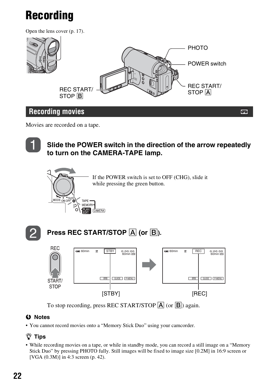 Recording, P. 22), Recording movies | Sony DCR-HC62 User Manual | Page 22 / 116