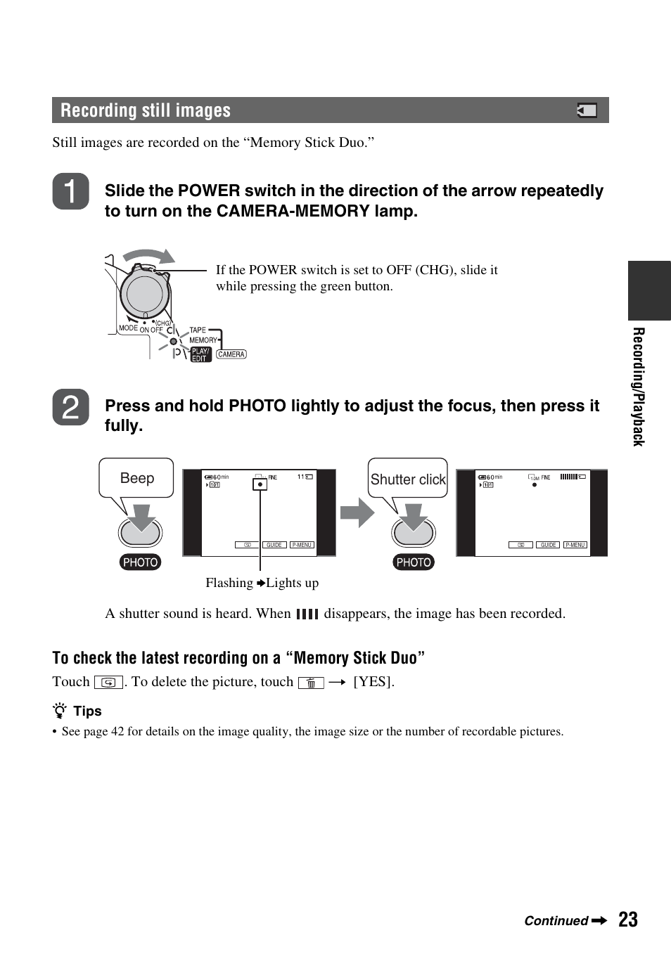Recording still images | Sony DCR-HC62 User Manual | Page 23 / 116