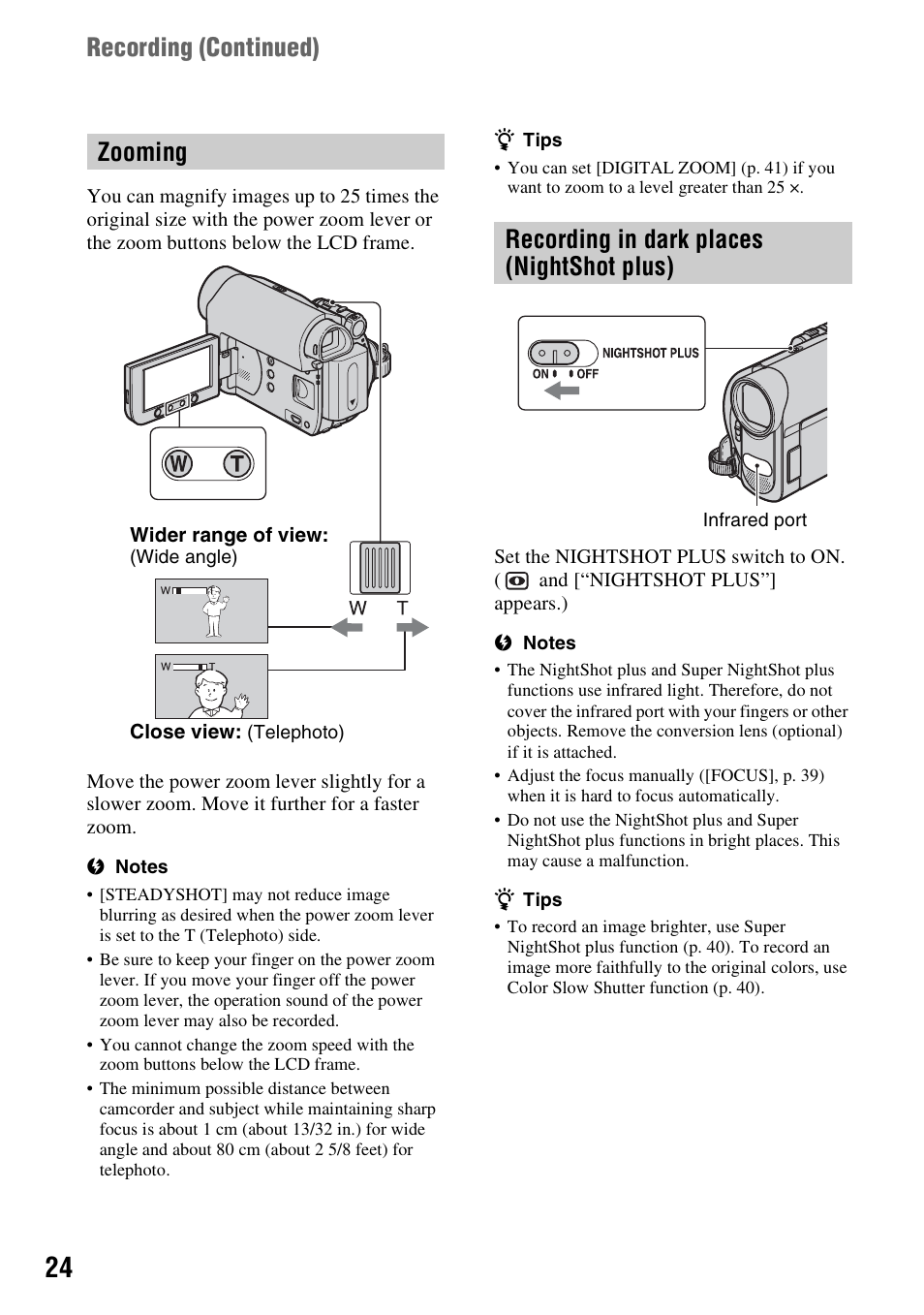 Zooming, Recording in dark places (nightshot plus), Recording (continued) | Sony DCR-HC62 User Manual | Page 24 / 116