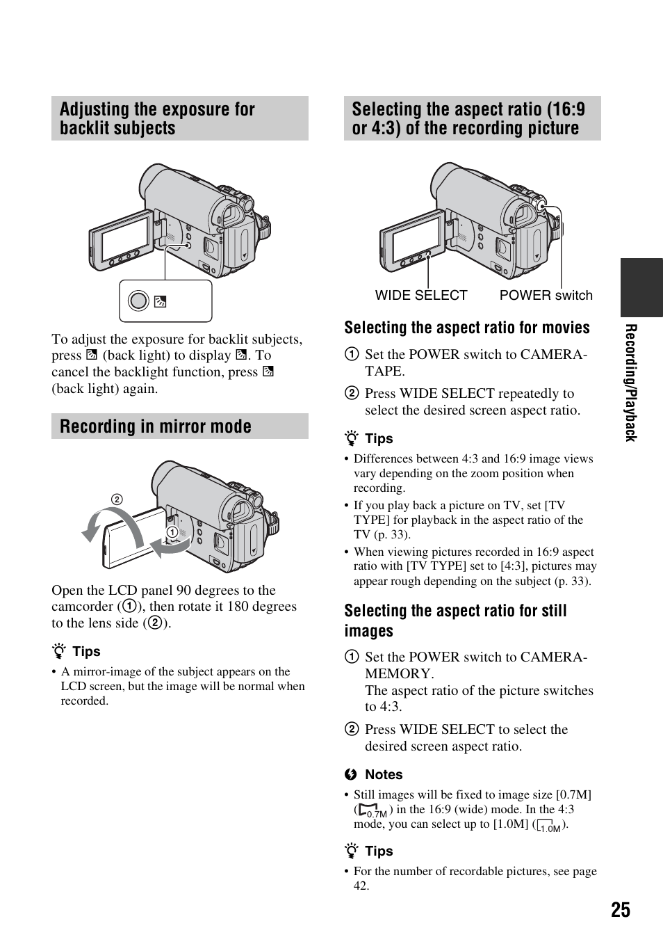 Adjusting the exposure for backlit subjects, Recording in mirror mode, Adjusting the exposure for backlit | Subjects, 25 selecting the aspect ratio (16:9 or, 3) of the recording picture, N (p. 25), P. 25 | Sony DCR-HC62 User Manual | Page 25 / 116