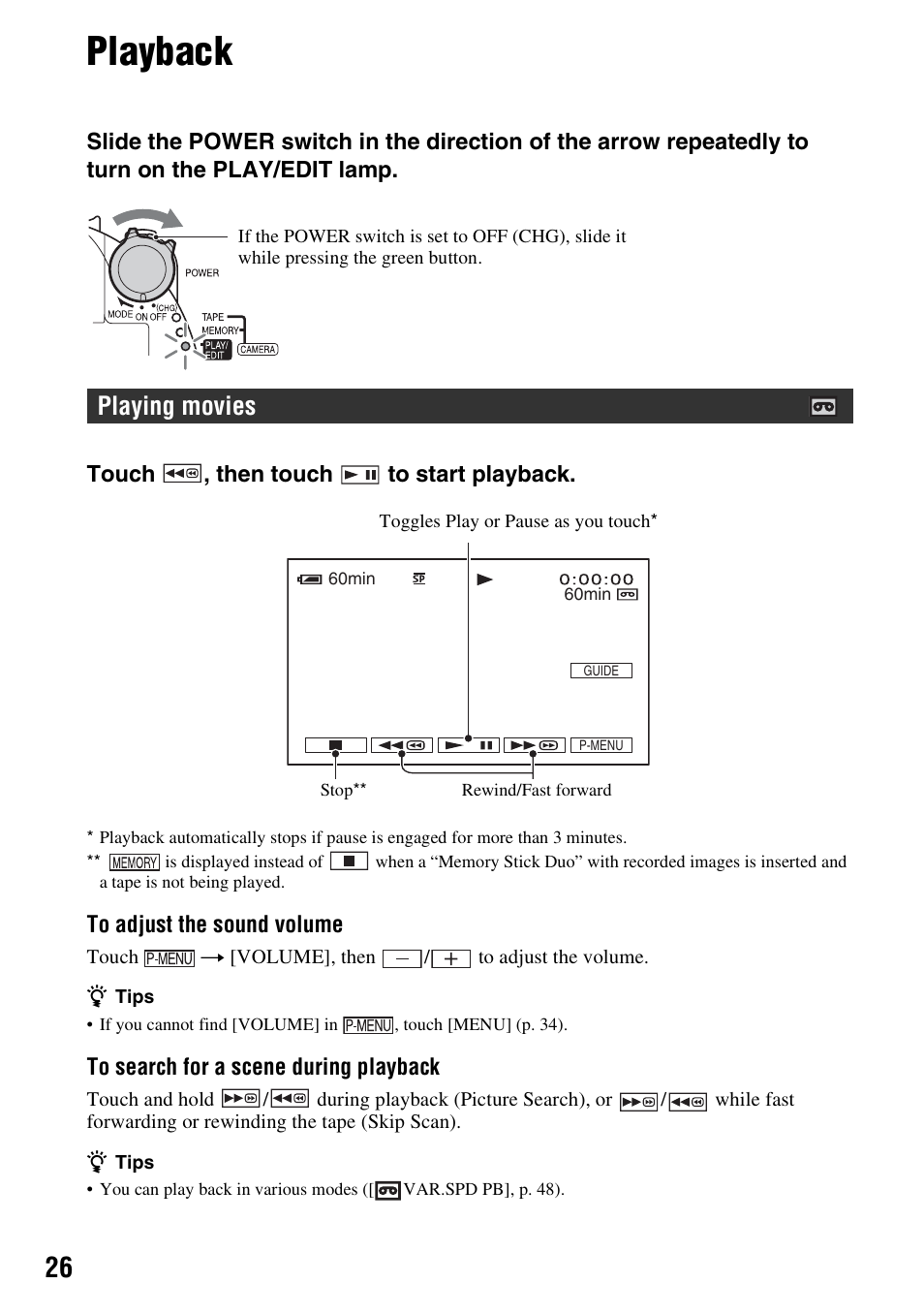 Playback, Playing movies | Sony DCR-HC62 User Manual | Page 26 / 116