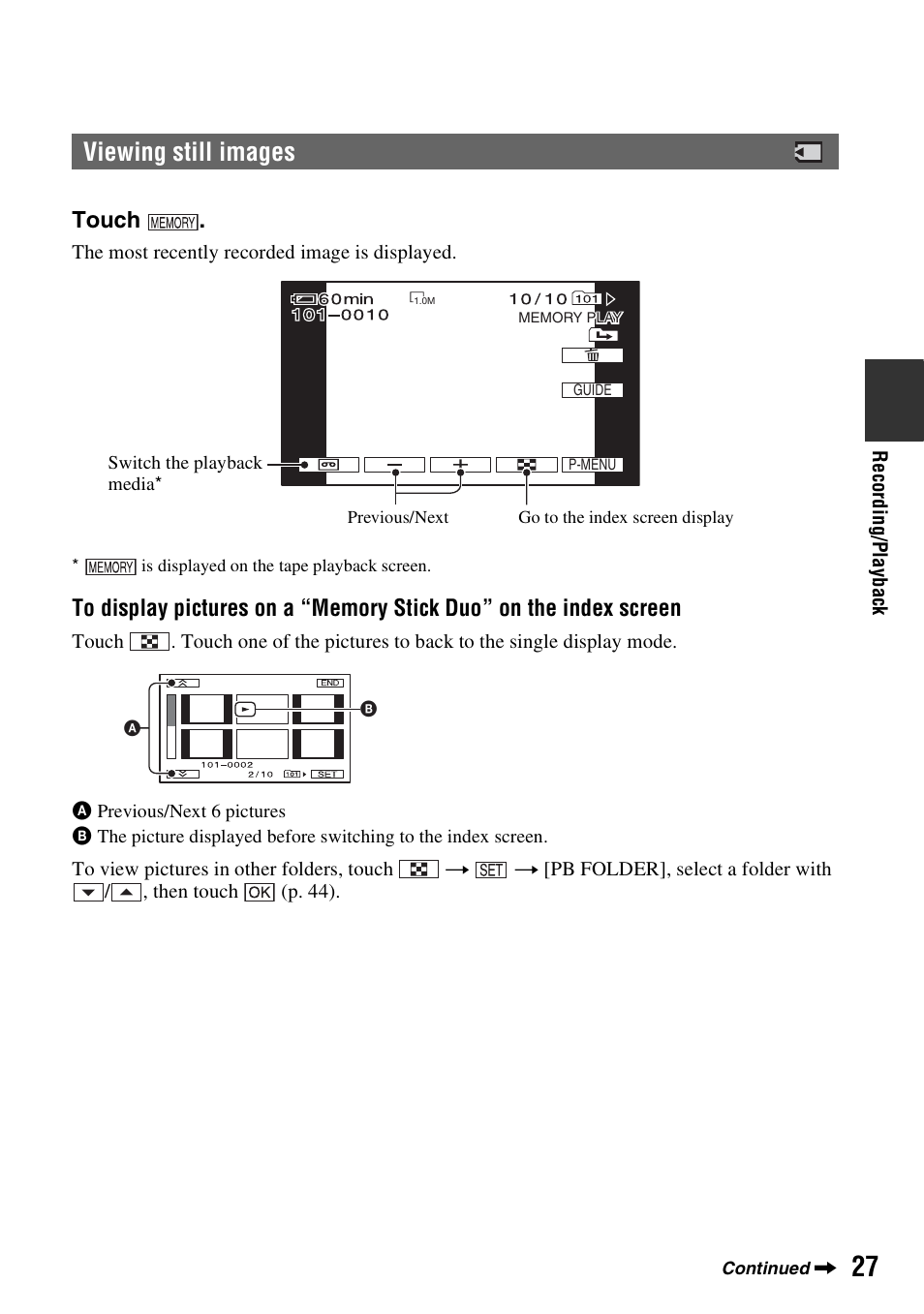 Viewing still images, Touch | Sony DCR-HC62 User Manual | Page 27 / 116