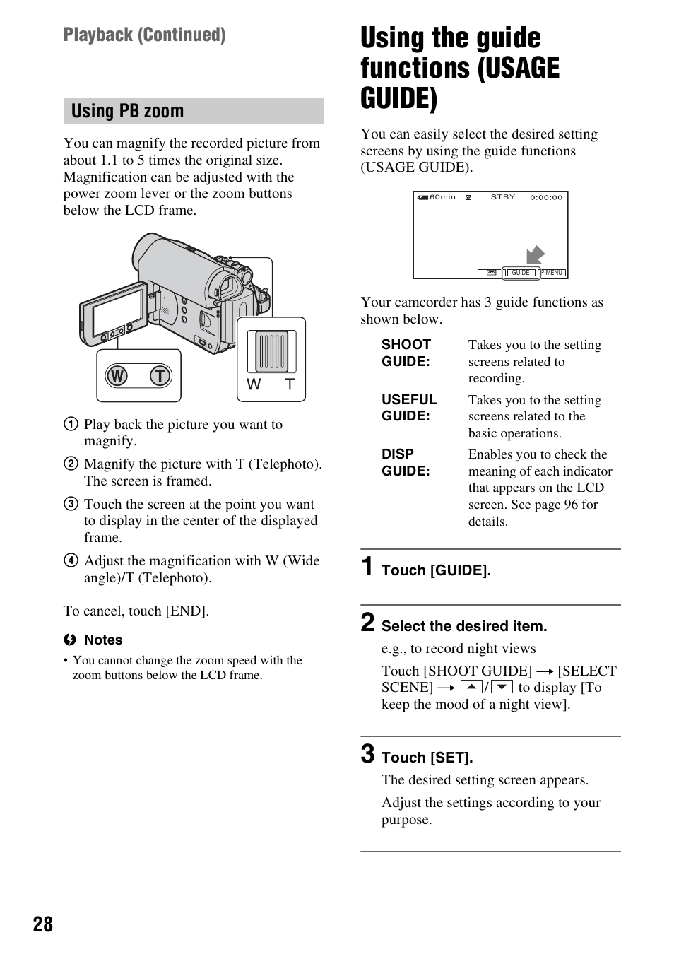 Using pb zoom, Using the guide functions (usage guide), P. 28) | Playback (continued) | Sony DCR-HC62 User Manual | Page 28 / 116