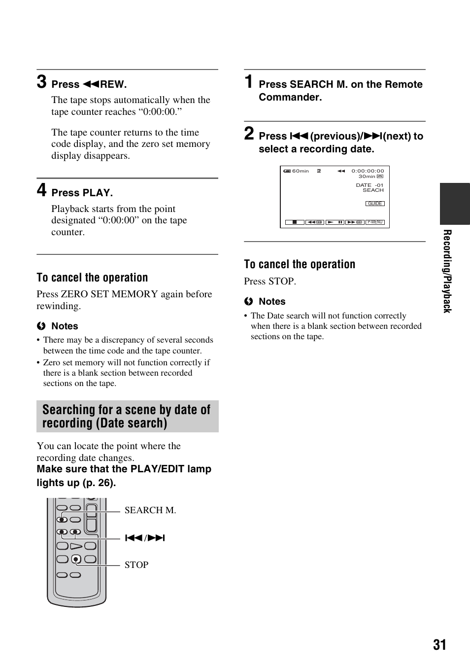 Searching for a scene by date of, Recording (date search) | Sony DCR-HC62 User Manual | Page 31 / 116