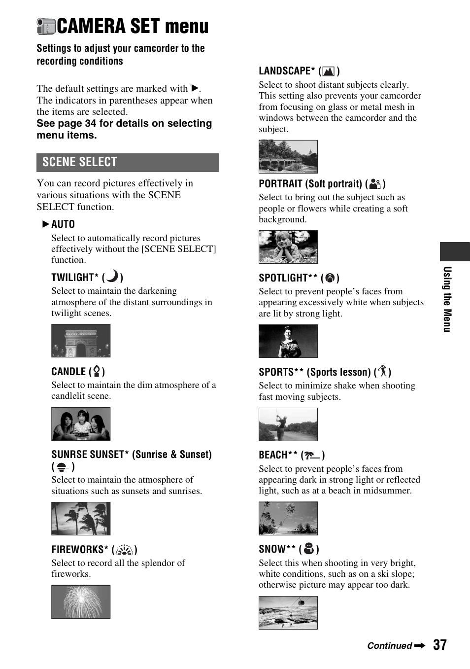 Camera set menu, Settings to adjust your camcorder to, The recording conditions | P. 37, Scene select | Sony DCR-HC62 User Manual | Page 37 / 116