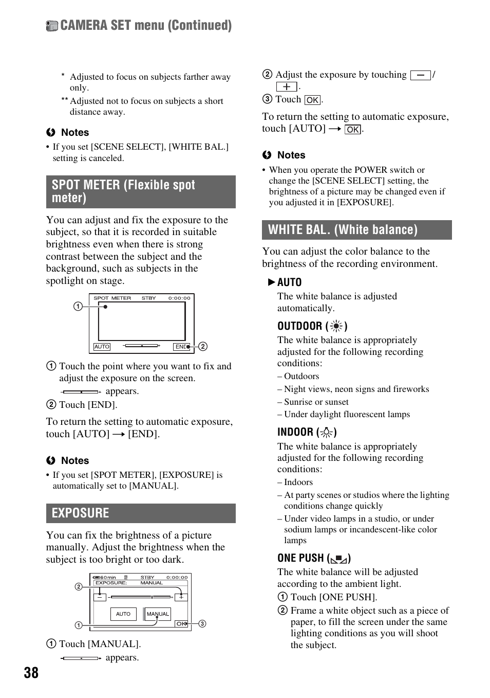 Camera set menu (continued), Spot meter (flexible spot meter) exposure, White bal. (white balance) | Sony DCR-HC62 User Manual | Page 38 / 116