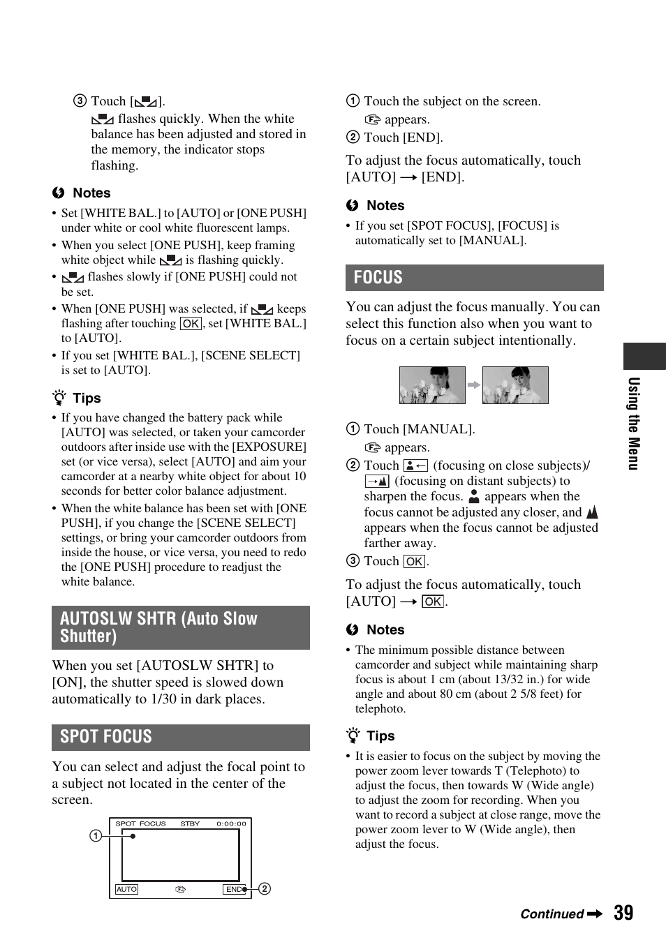 P. 39, Autoslw shtr (auto slow shutter) spot focus, Focus | Sony DCR-HC62 User Manual | Page 39 / 116