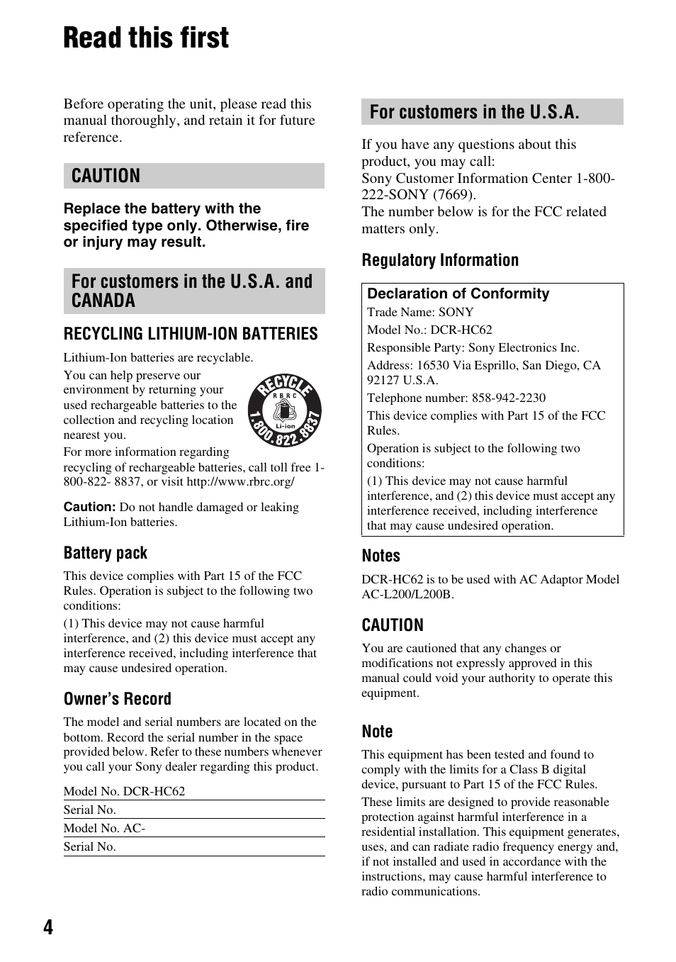Read this first, Caution for customers in the u.s.a. and canada, For customers in the u.s.a | Sony DCR-HC62 User Manual | Page 4 / 116