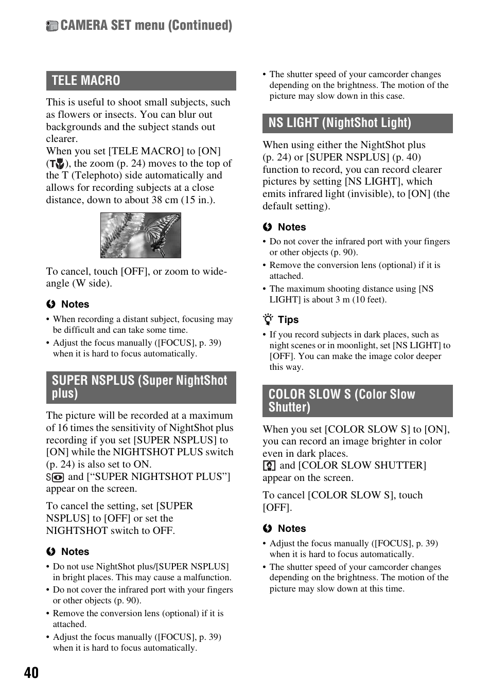 P. 40), Camera set menu (continued) | Sony DCR-HC62 User Manual | Page 40 / 116
