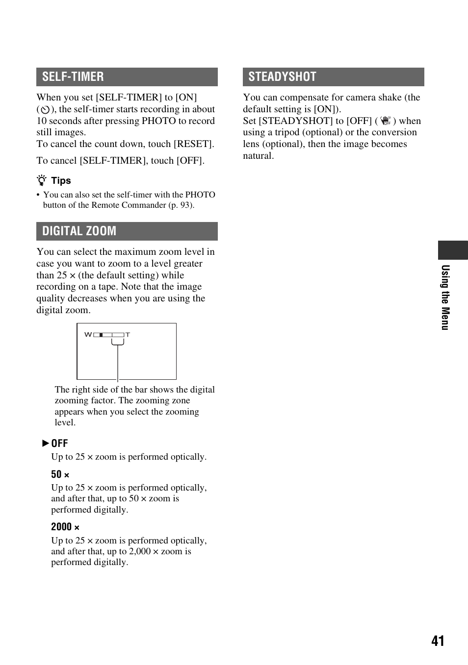 P. 41), Self-timer digital zoom, Steadyshot | Sony DCR-HC62 User Manual | Page 41 / 116