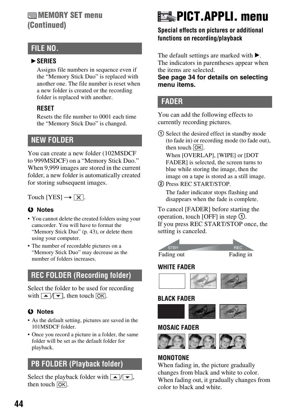 Pict.appli. menu, Special effects on pictures or, Additional functions on recording/ playback | P. 44), Fader | Sony DCR-HC62 User Manual | Page 44 / 116
