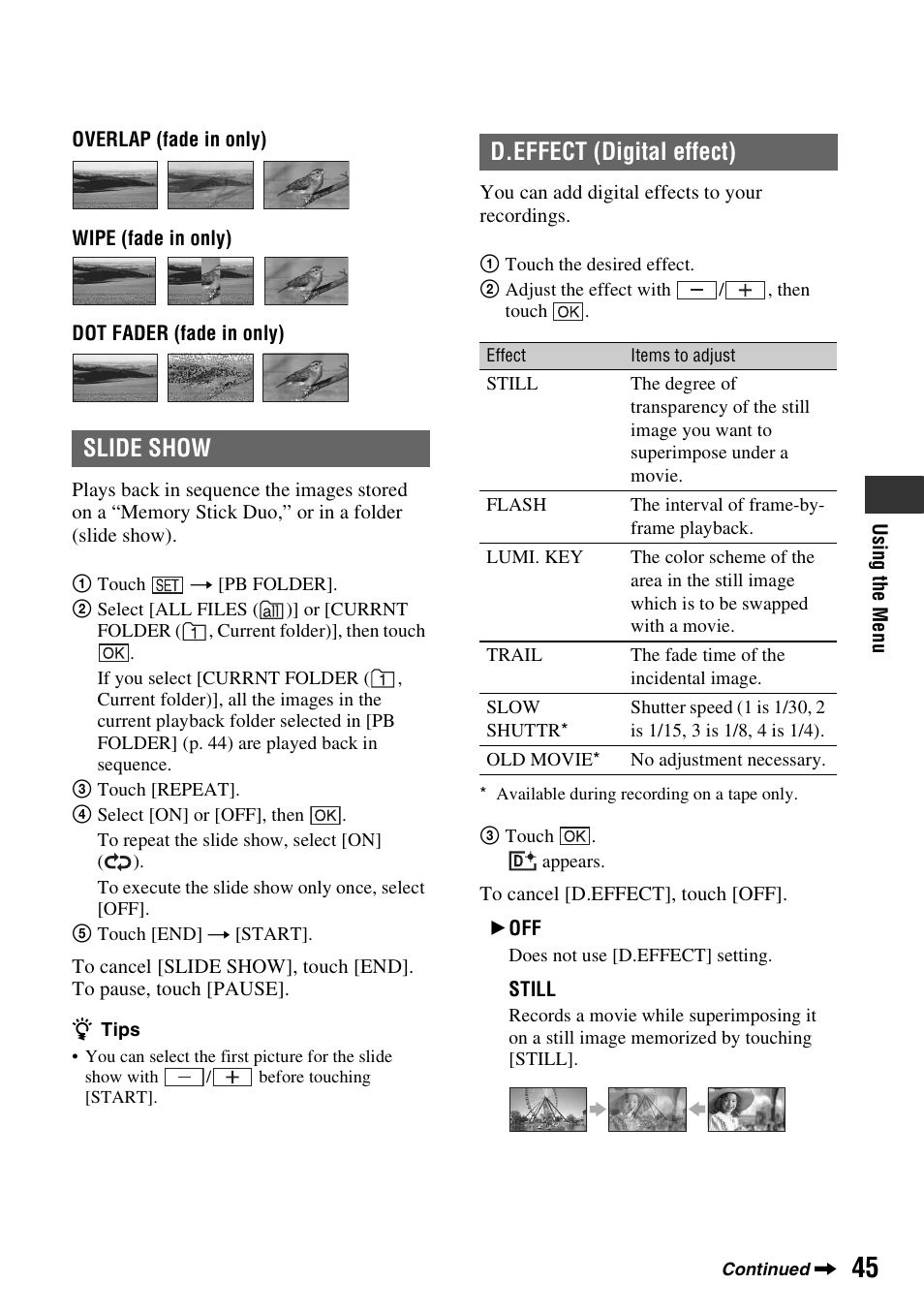 Slide show d.effect (digital effect) | Sony DCR-HC62 User Manual | Page 45 / 116