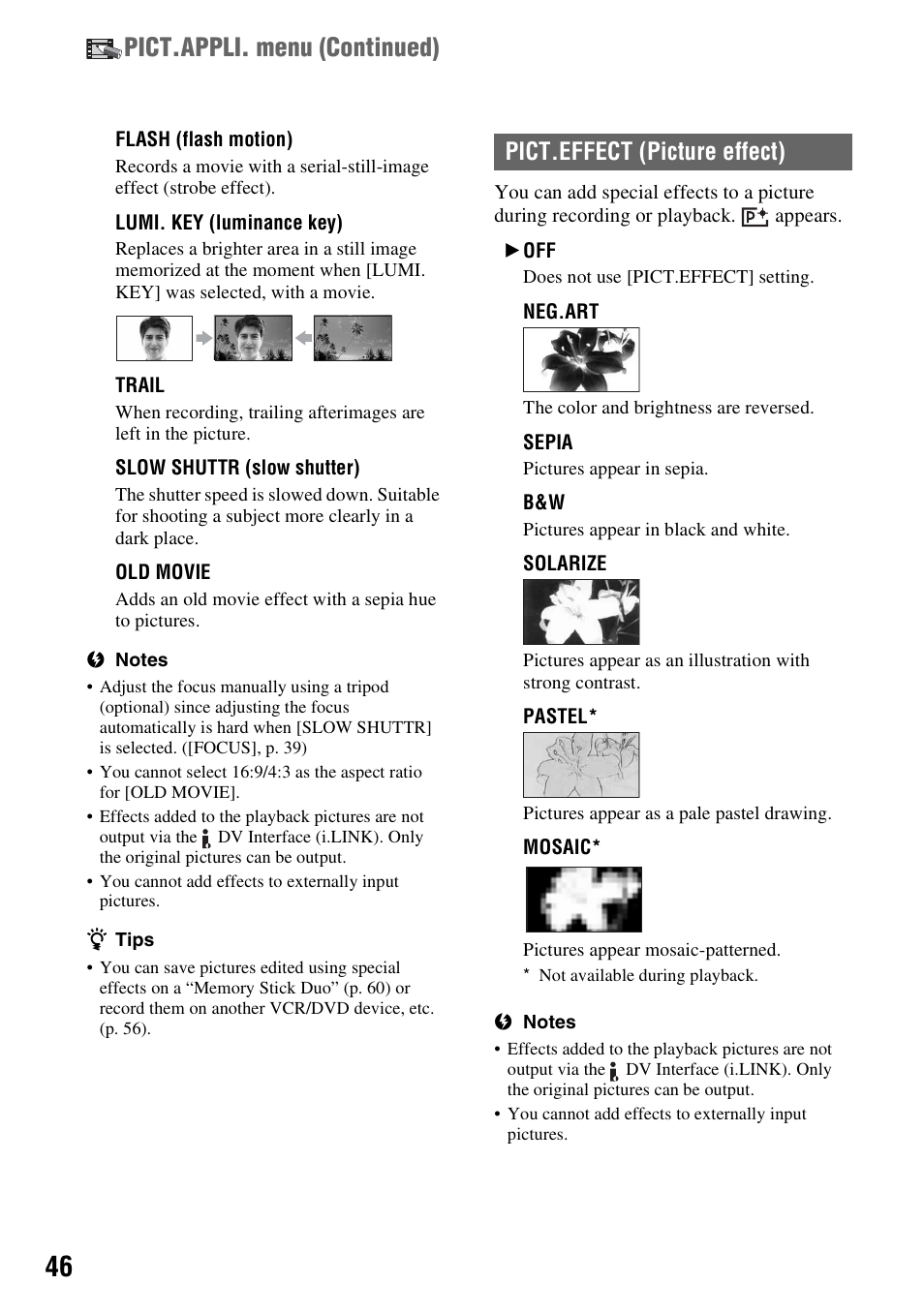 Pict.appli. menu (continued), Pict.effect (picture effect) | Sony DCR-HC62 User Manual | Page 46 / 116
