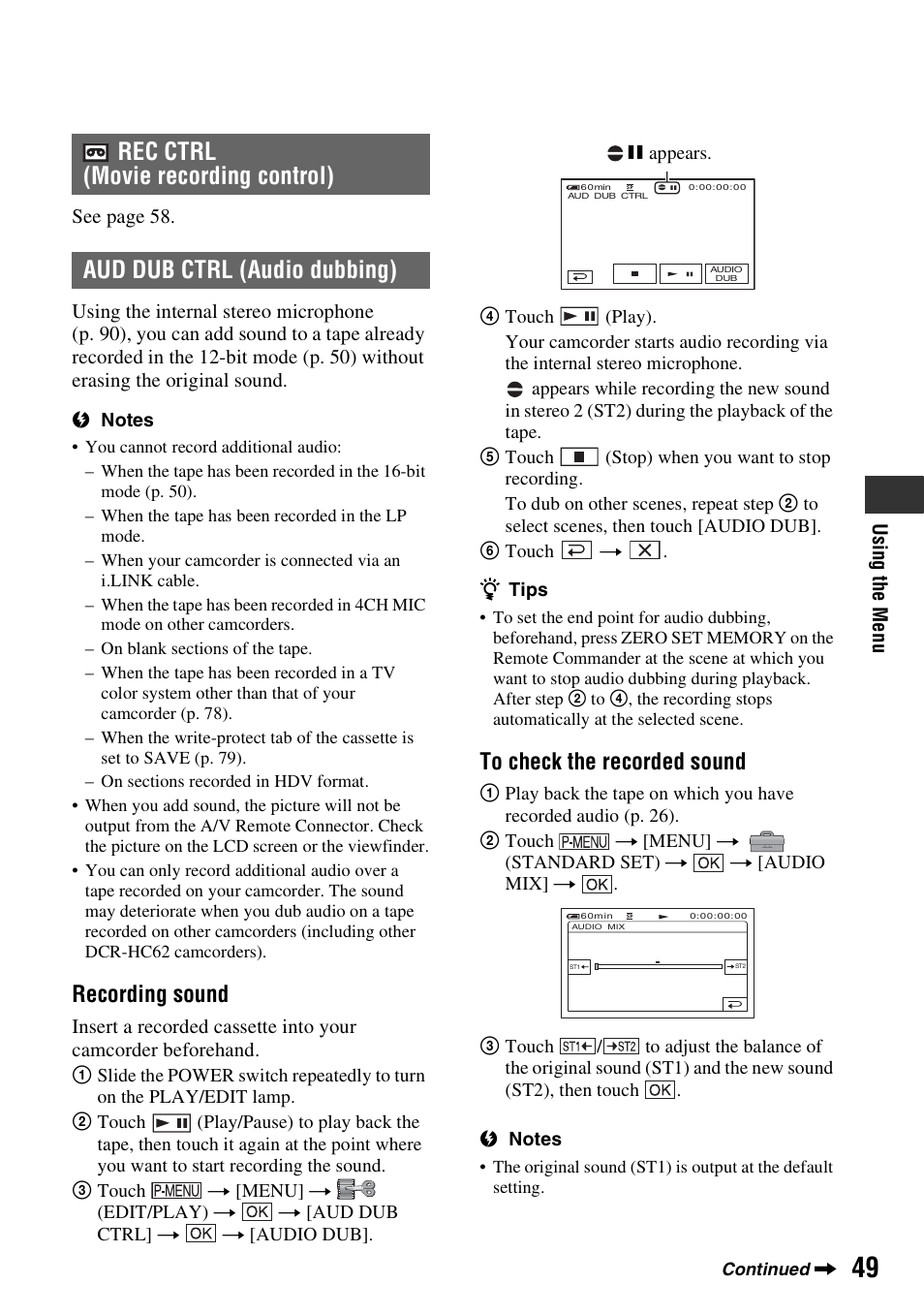 Recording sound | Sony DCR-HC62 User Manual | Page 49 / 116
