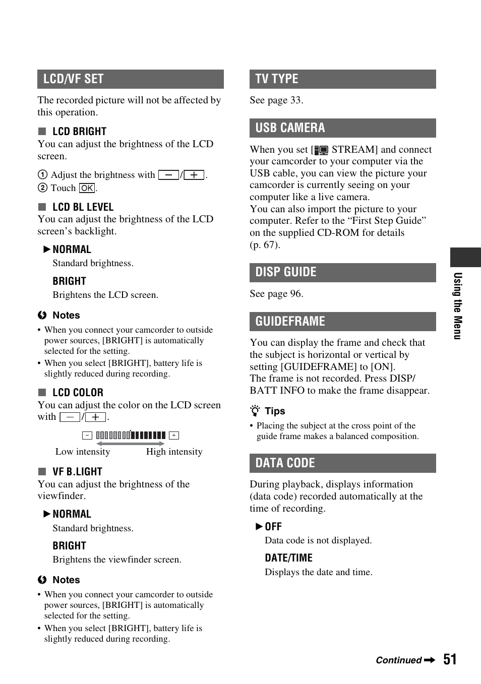 Lcd/vf set, Tv type usb camera disp guide guideframe data code | Sony DCR-HC62 User Manual | Page 51 / 116