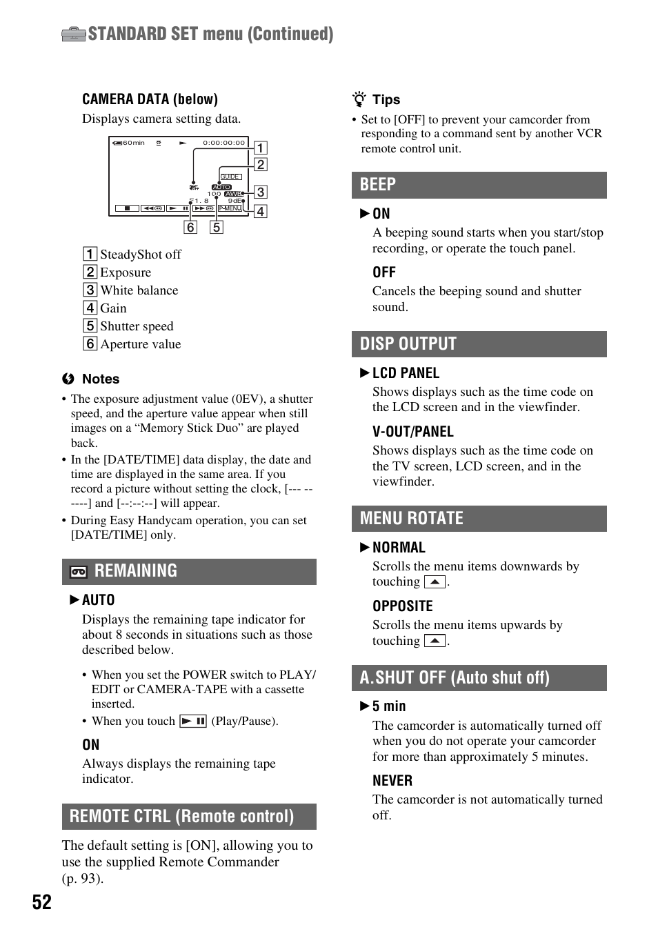 P. 52), P. 52, Standard set menu (continued) | Remaining remote ctrl (remote control) | Sony DCR-HC62 User Manual | Page 52 / 116