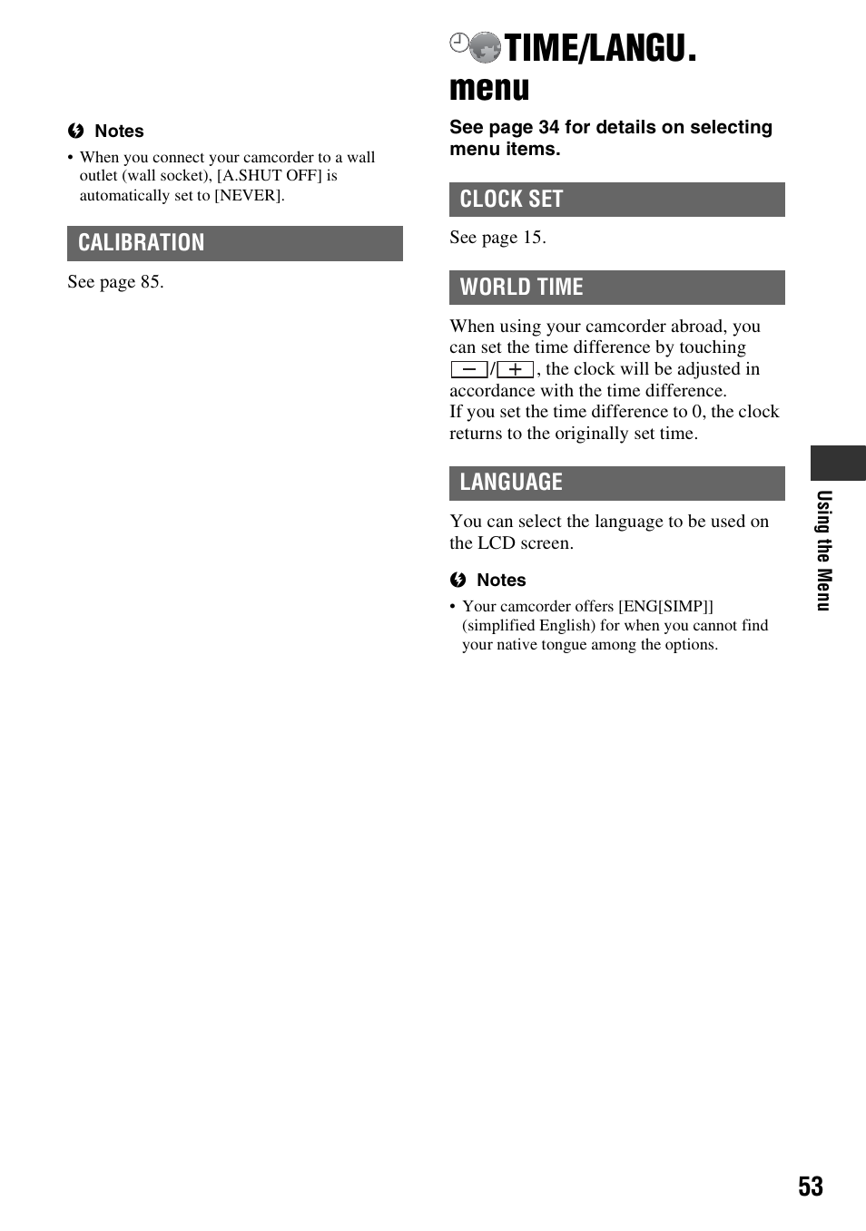 Time/langu. menu | Sony DCR-HC62 User Manual | Page 53 / 116