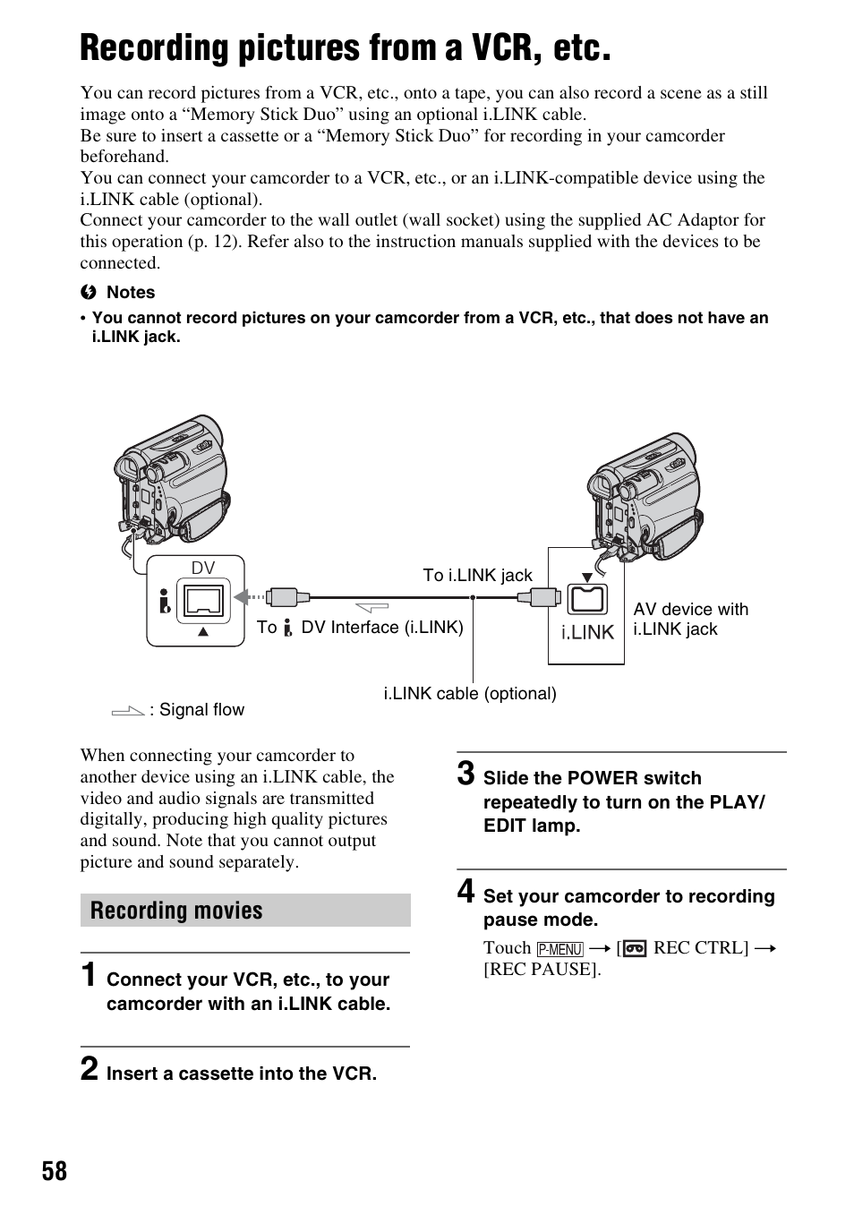 Recording pictures from a vcr, etc | Sony DCR-HC62 User Manual | Page 58 / 116