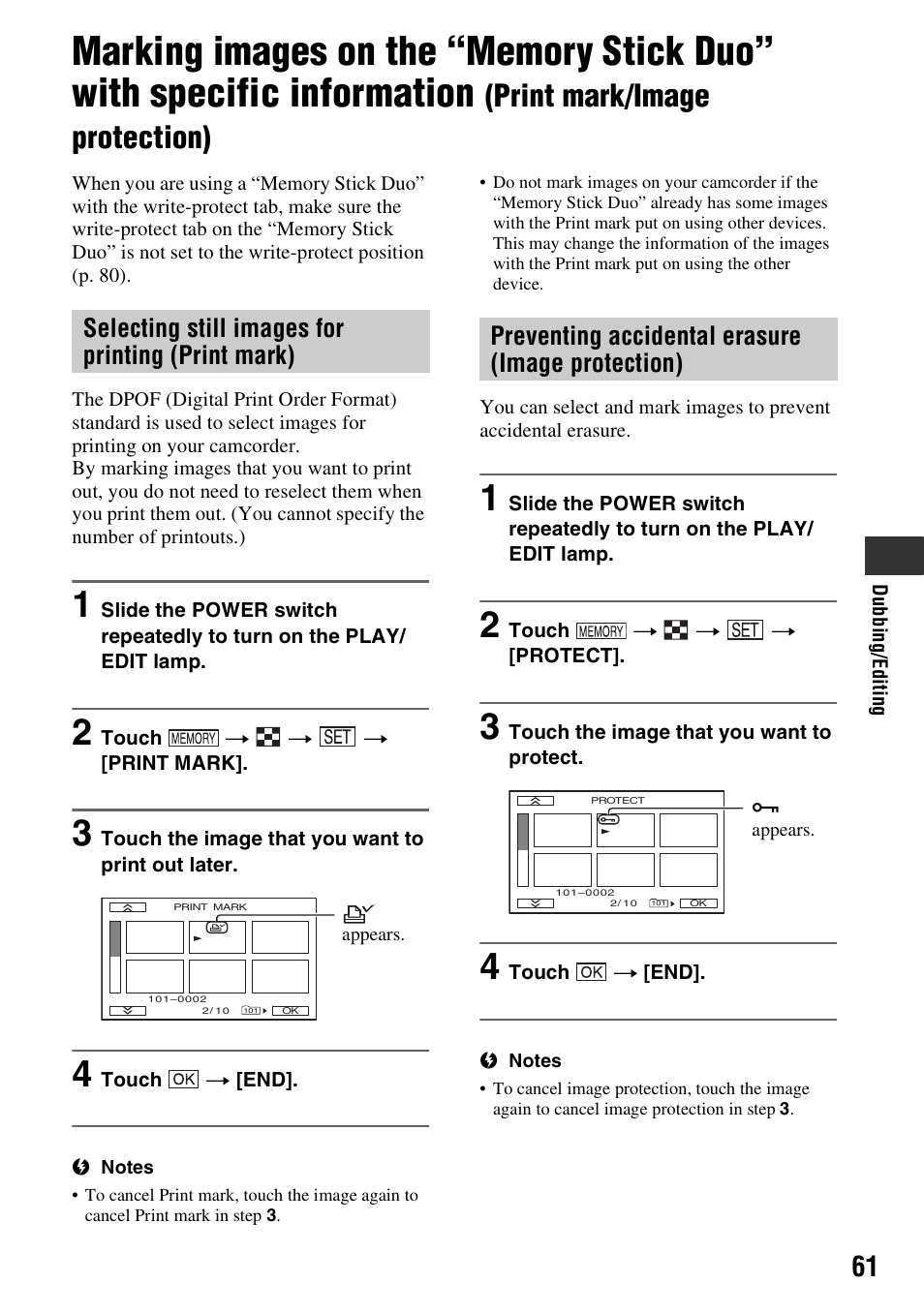 Ed (p. 61), Print mark/image protection), Selecting still images for printing (print mark) | Preventing accidental erasure (image protection) | Sony DCR-HC62 User Manual | Page 61 / 116