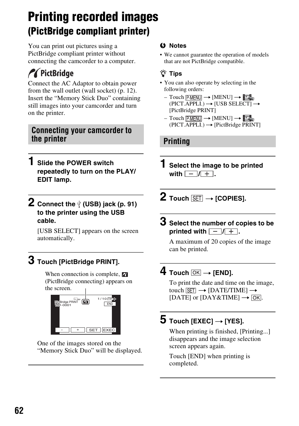 E (1) (p. 62), Printing recorded images, Pictbridge compliant printer) | Connecting your camcorder to the printer, Printing | Sony DCR-HC62 User Manual | Page 62 / 116