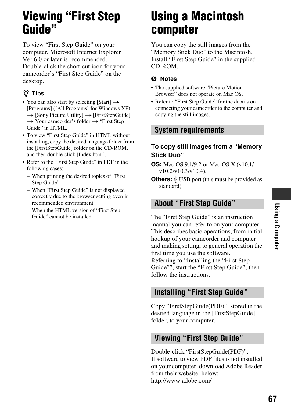 Viewing “first step guide, Using a macintosh computer | Sony DCR-HC62 User Manual | Page 67 / 116