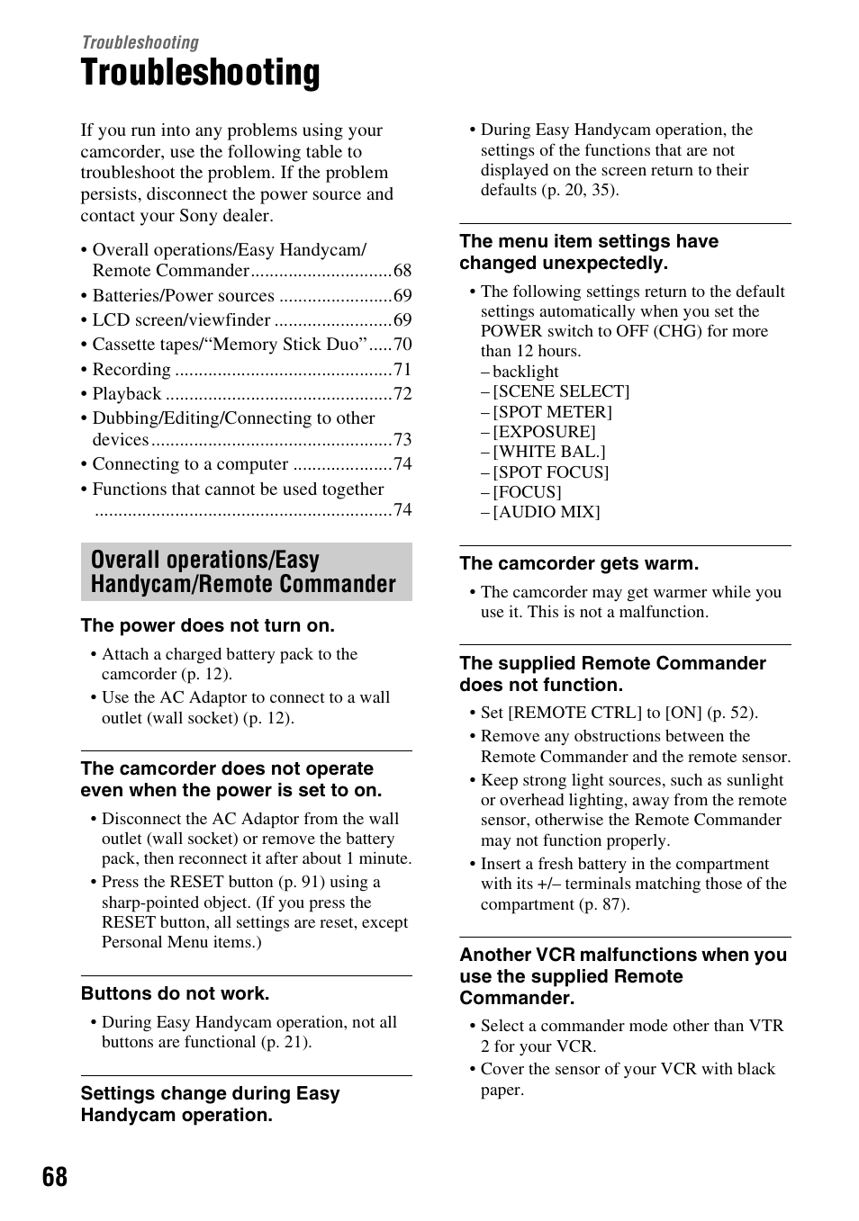 Troubleshooting, Overall operations/easy handycam/remote commander | Sony DCR-HC62 User Manual | Page 68 / 116