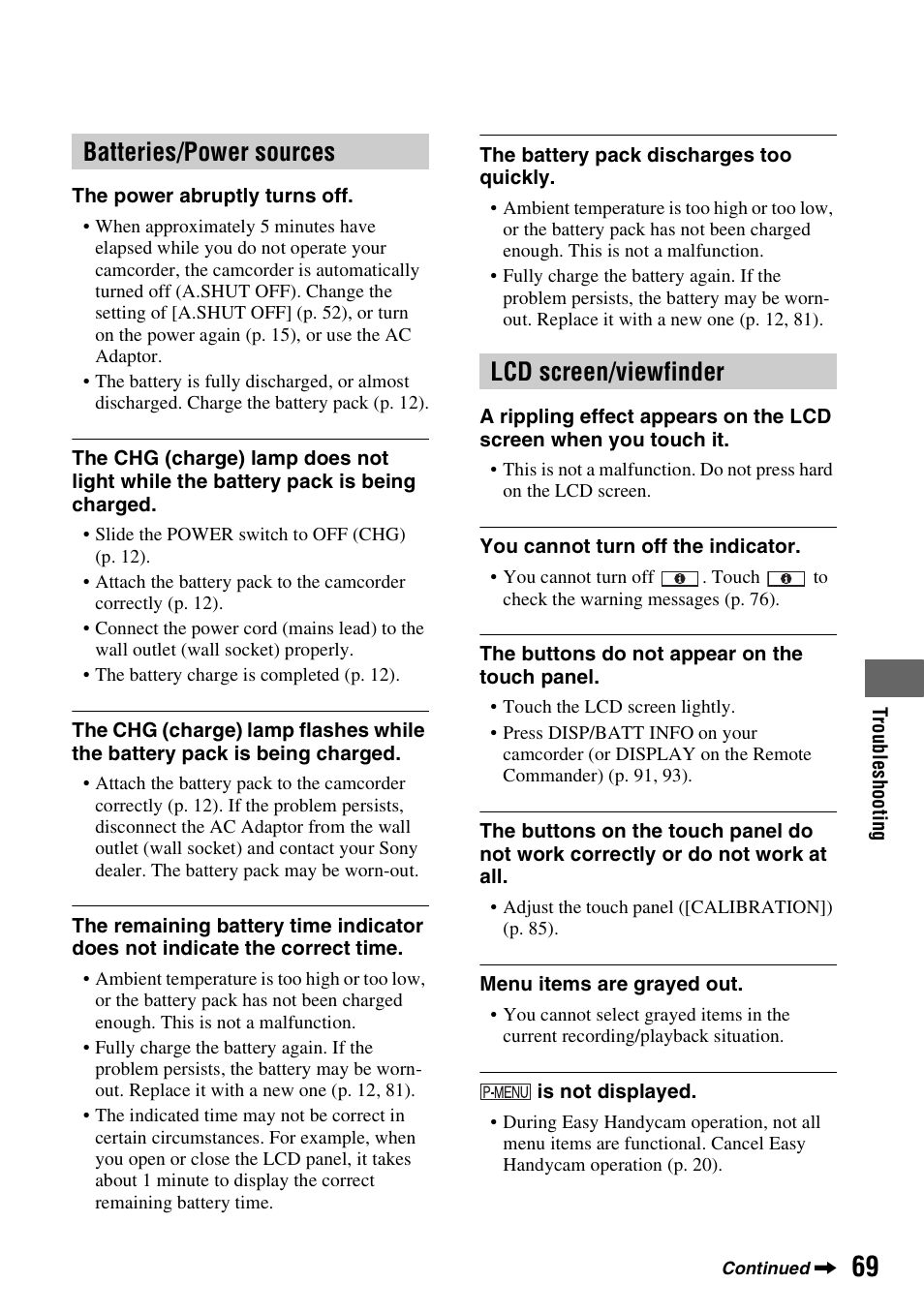 Batteries/power sources lcd screen/viewfinder | Sony DCR-HC62 User Manual | Page 69 / 116