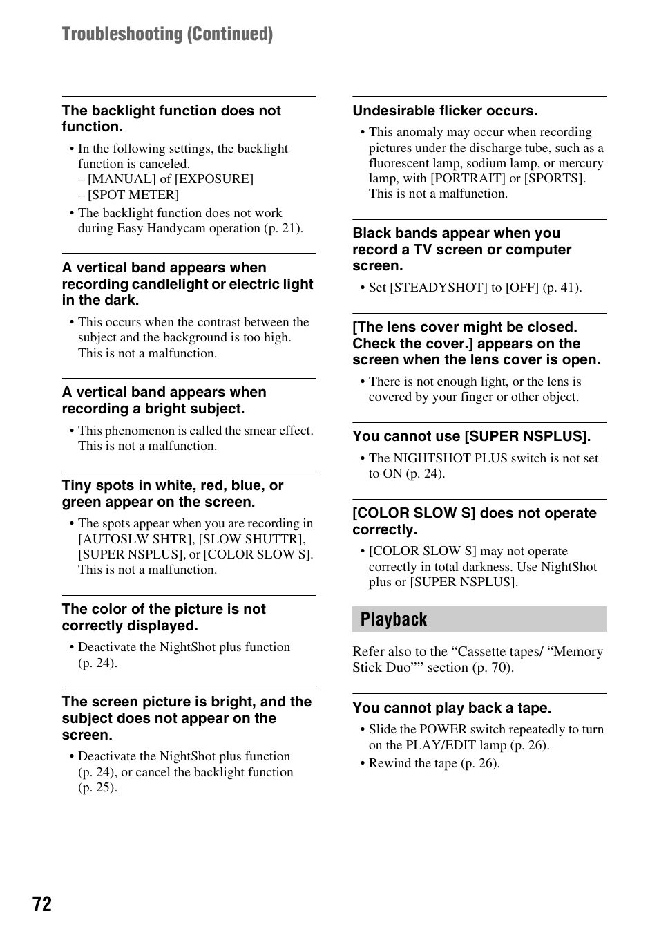 Playback troubleshooting (continued) | Sony DCR-HC62 User Manual | Page 72 / 116