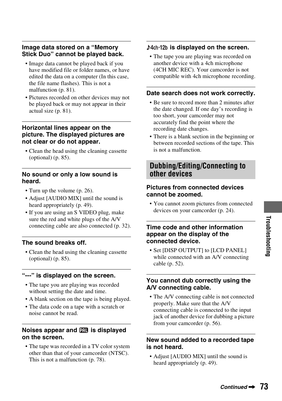 Dubbing/editing/connecting to other devices | Sony DCR-HC62 User Manual | Page 73 / 116
