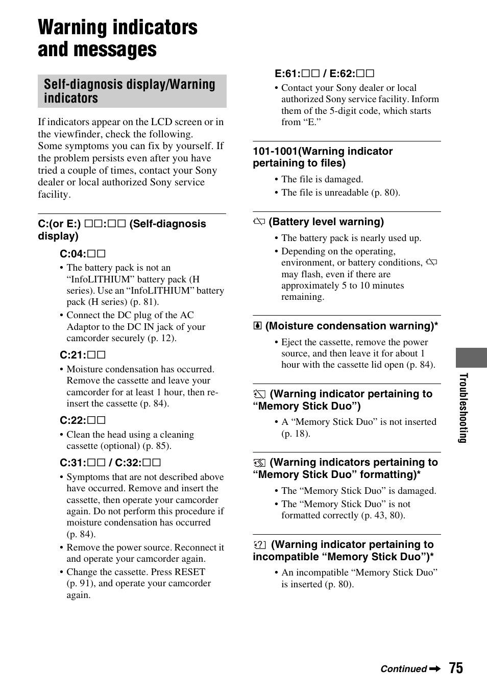 Warning indicators and messages, Self-diagnosis display/warning indicators | Sony DCR-HC62 User Manual | Page 75 / 116