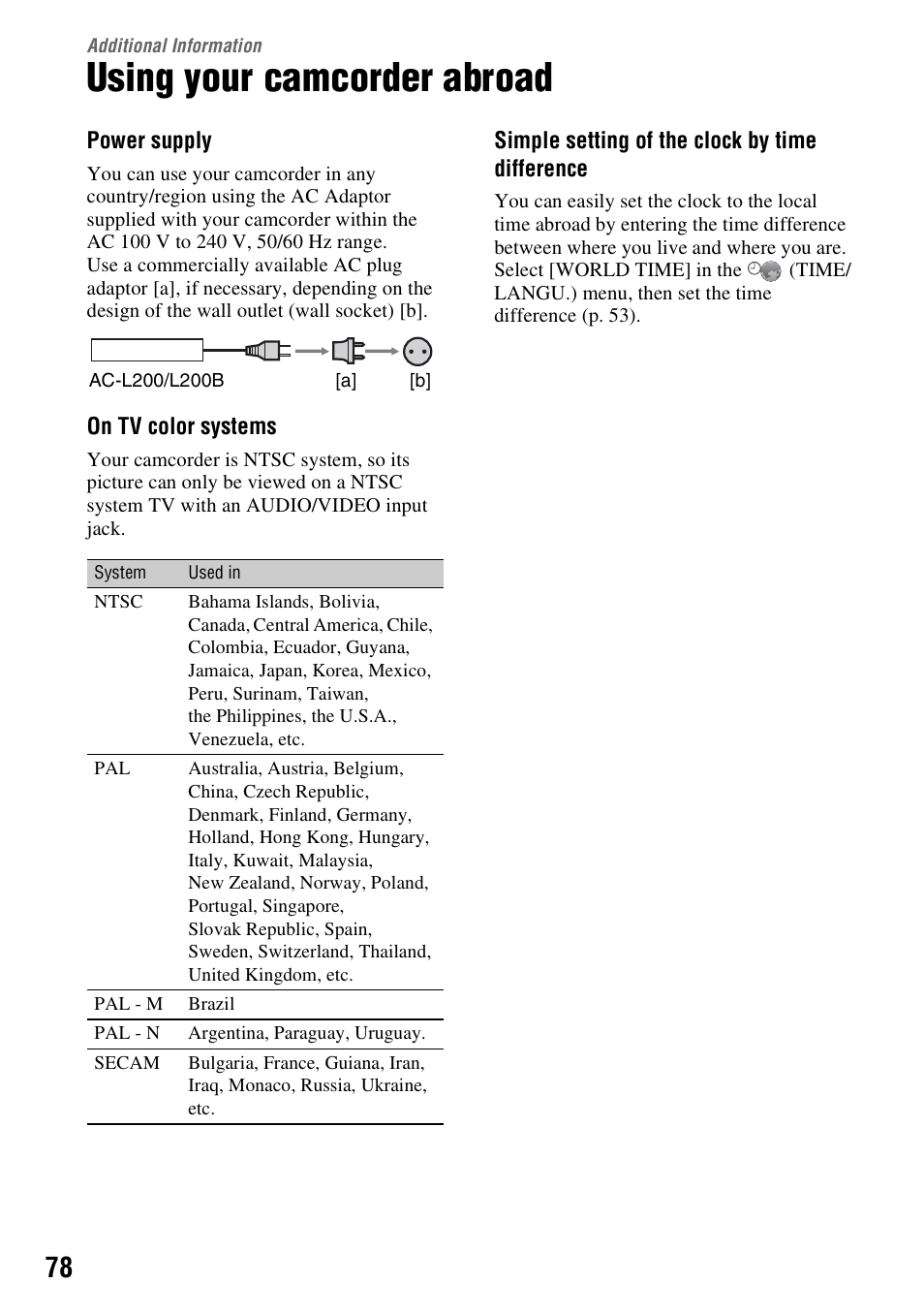 Additional information, Using your camcorder abroad, P. 78) | Sony DCR-HC62 User Manual | Page 78 / 116