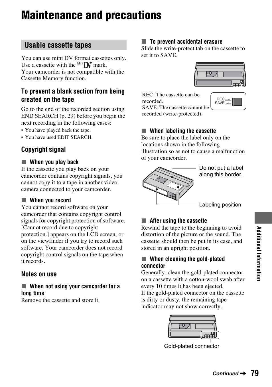 Maintenance and precautions, Usable cassette tapes, P. 79) | P. 79 | Sony DCR-HC62 User Manual | Page 79 / 116