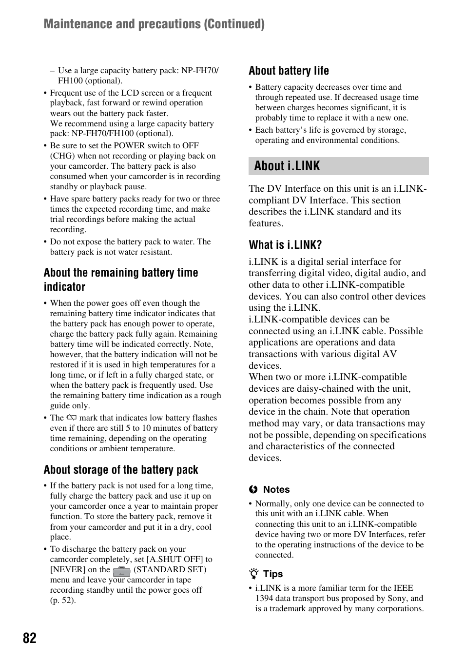 About i.link, About the remaining battery time indicator, About storage of the battery pack | About battery life, What is i.link | Sony DCR-HC62 User Manual | Page 82 / 116