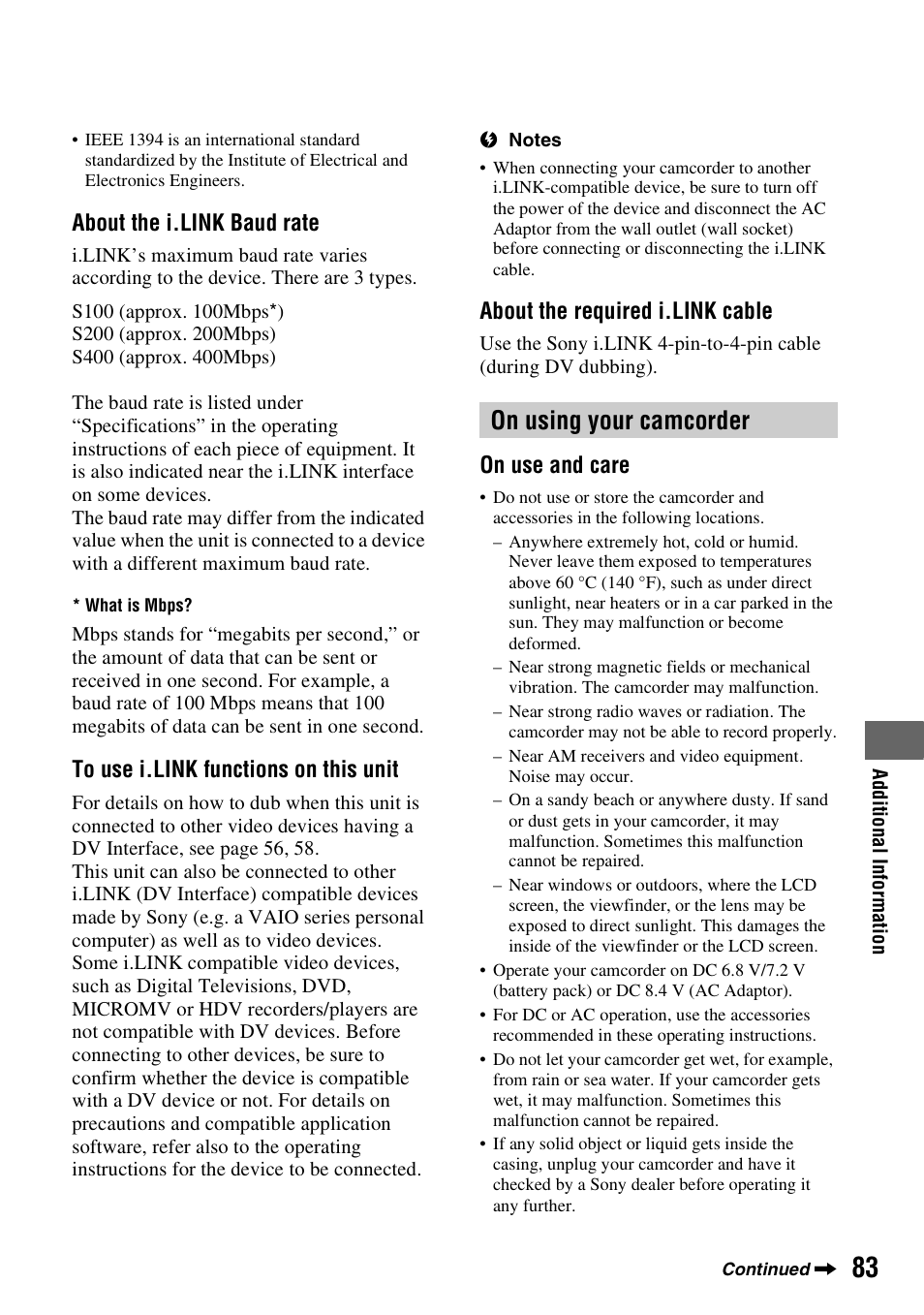 On using your camcorder, About the i.link baud rate, About the required i.link cable | On use and care | Sony DCR-HC62 User Manual | Page 83 / 116