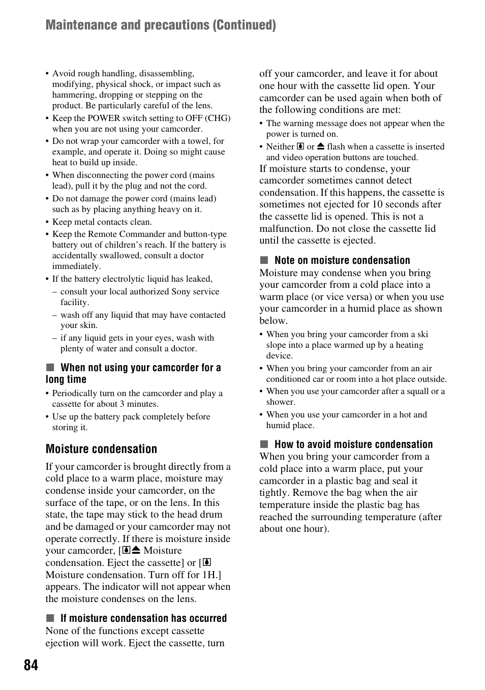P. 84), E (p. 84, P. 84 | Maintenance and precautions (continued), Moisture condensation | Sony DCR-HC62 User Manual | Page 84 / 116