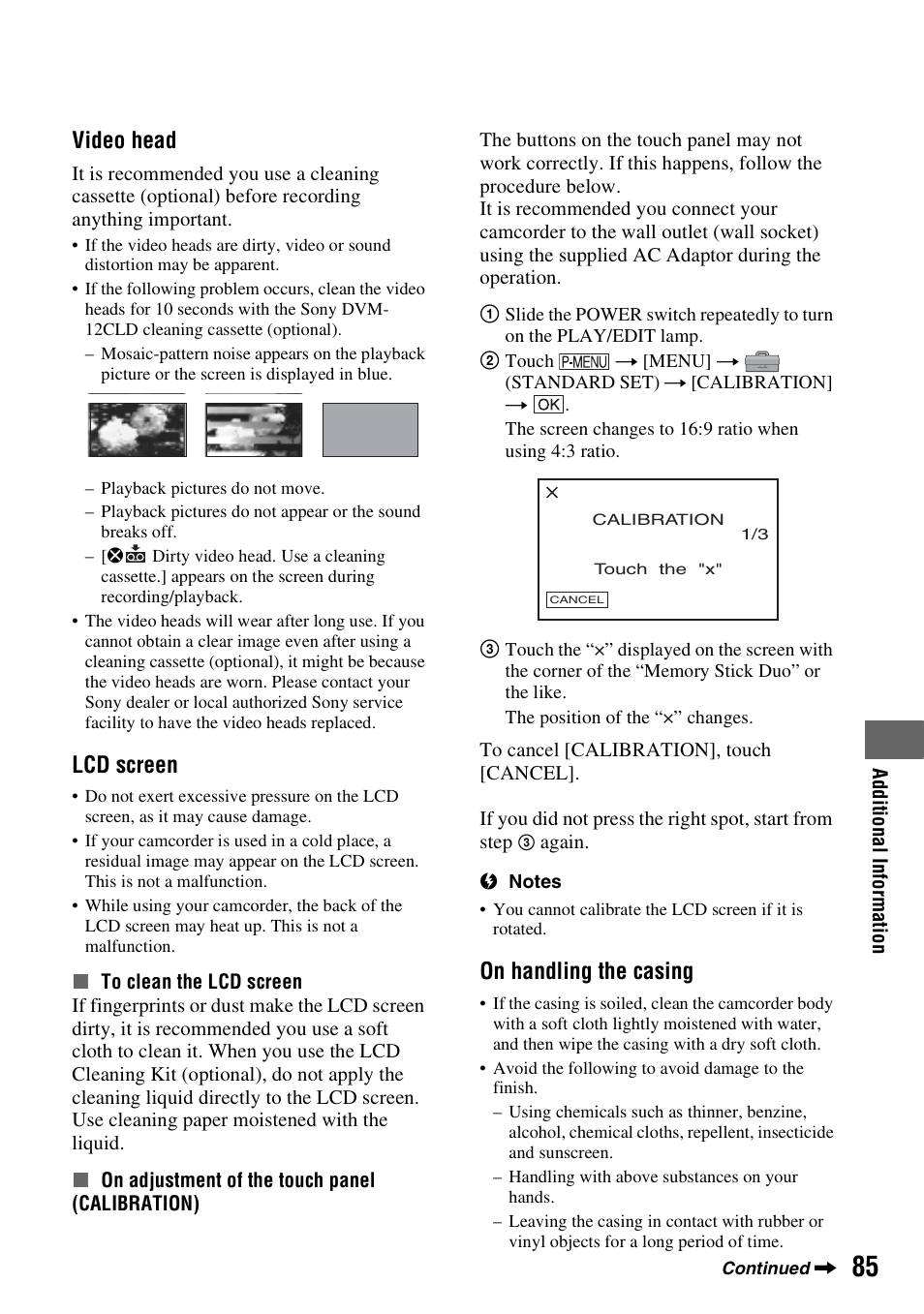 P. 85), Video head, Lcd screen | On handling the casing | Sony DCR-HC62 User Manual | Page 85 / 116