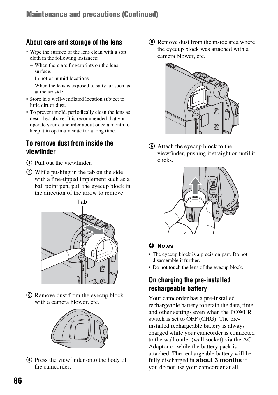 P. 86), Maintenance and precautions (continued) | Sony DCR-HC62 User Manual | Page 86 / 116