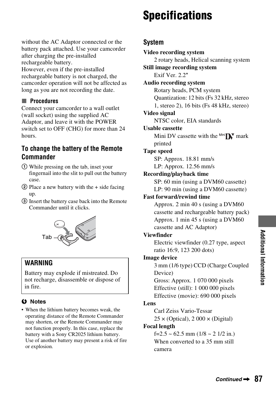 Specifications, T (p. 87) | Sony DCR-HC62 User Manual | Page 87 / 116