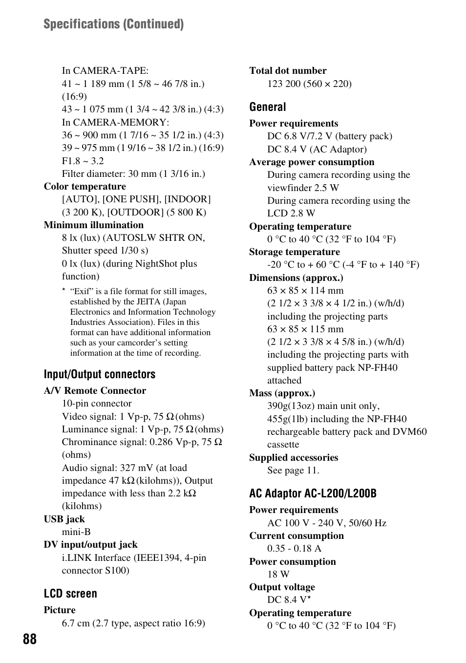 Specifications (continued) | Sony DCR-HC62 User Manual | Page 88 / 116