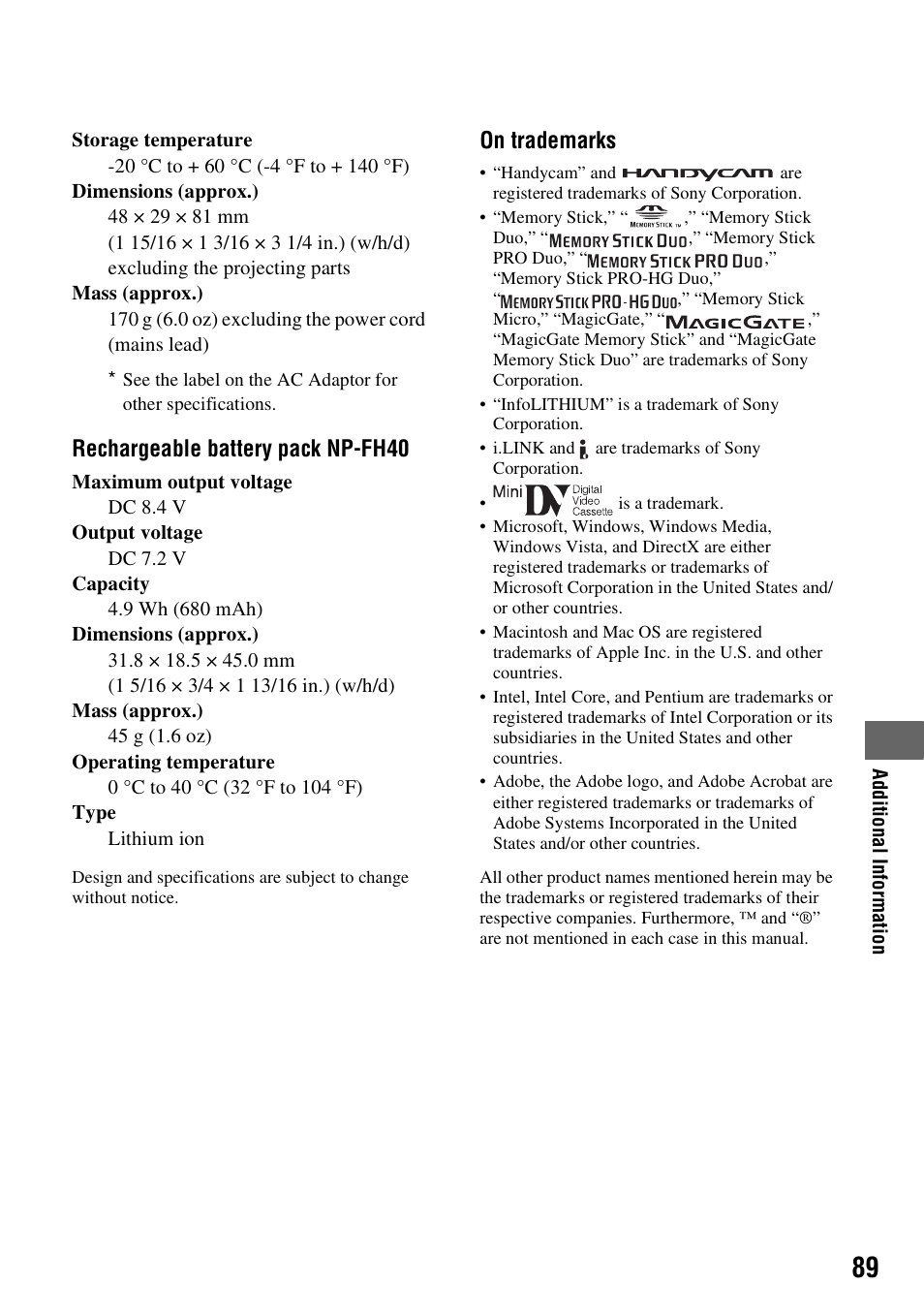 Rechargeable battery pack np-fh40, On trademarks | Sony DCR-HC62 User Manual | Page 89 / 116