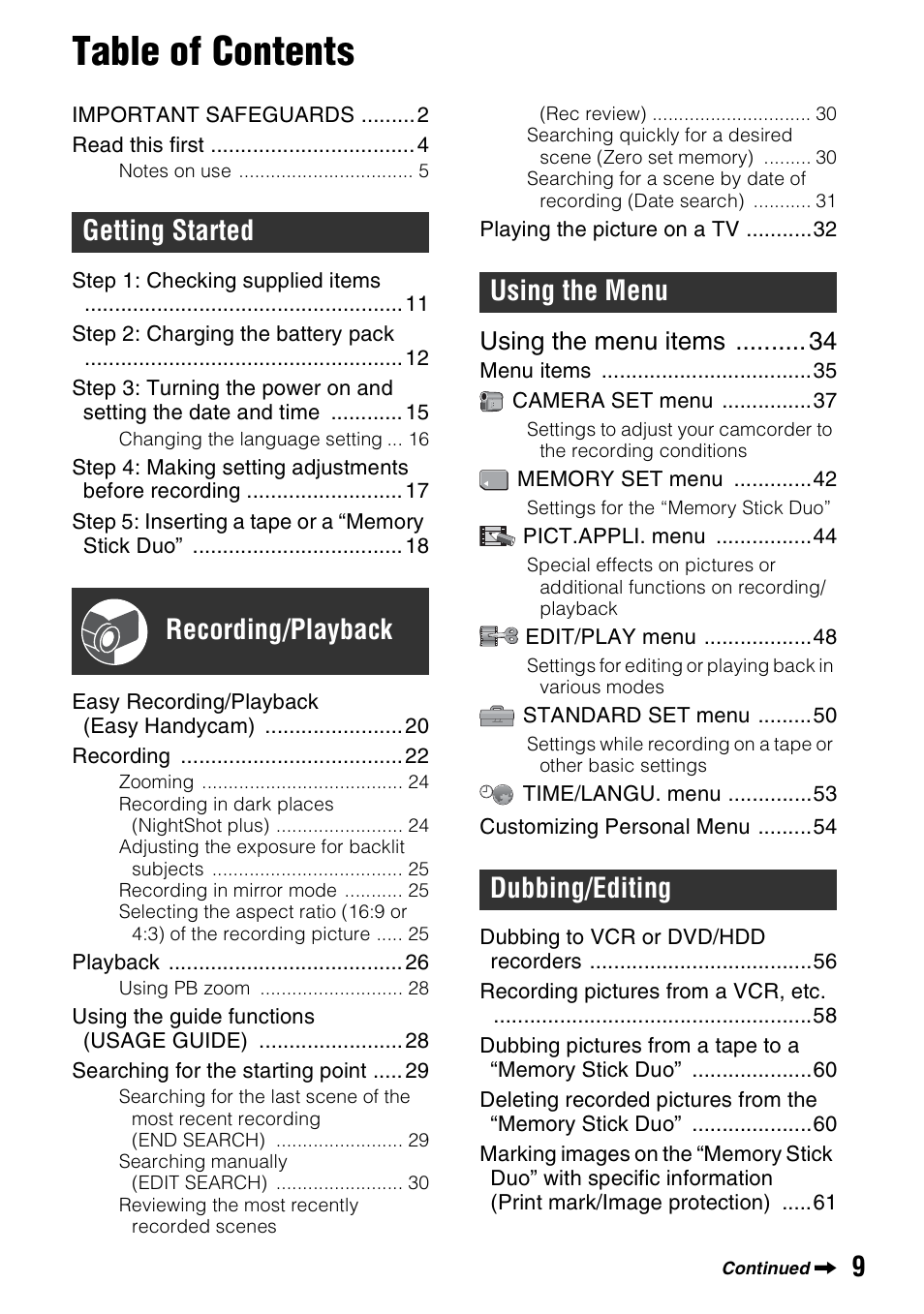 Sony DCR-HC62 User Manual | Page 9 / 116