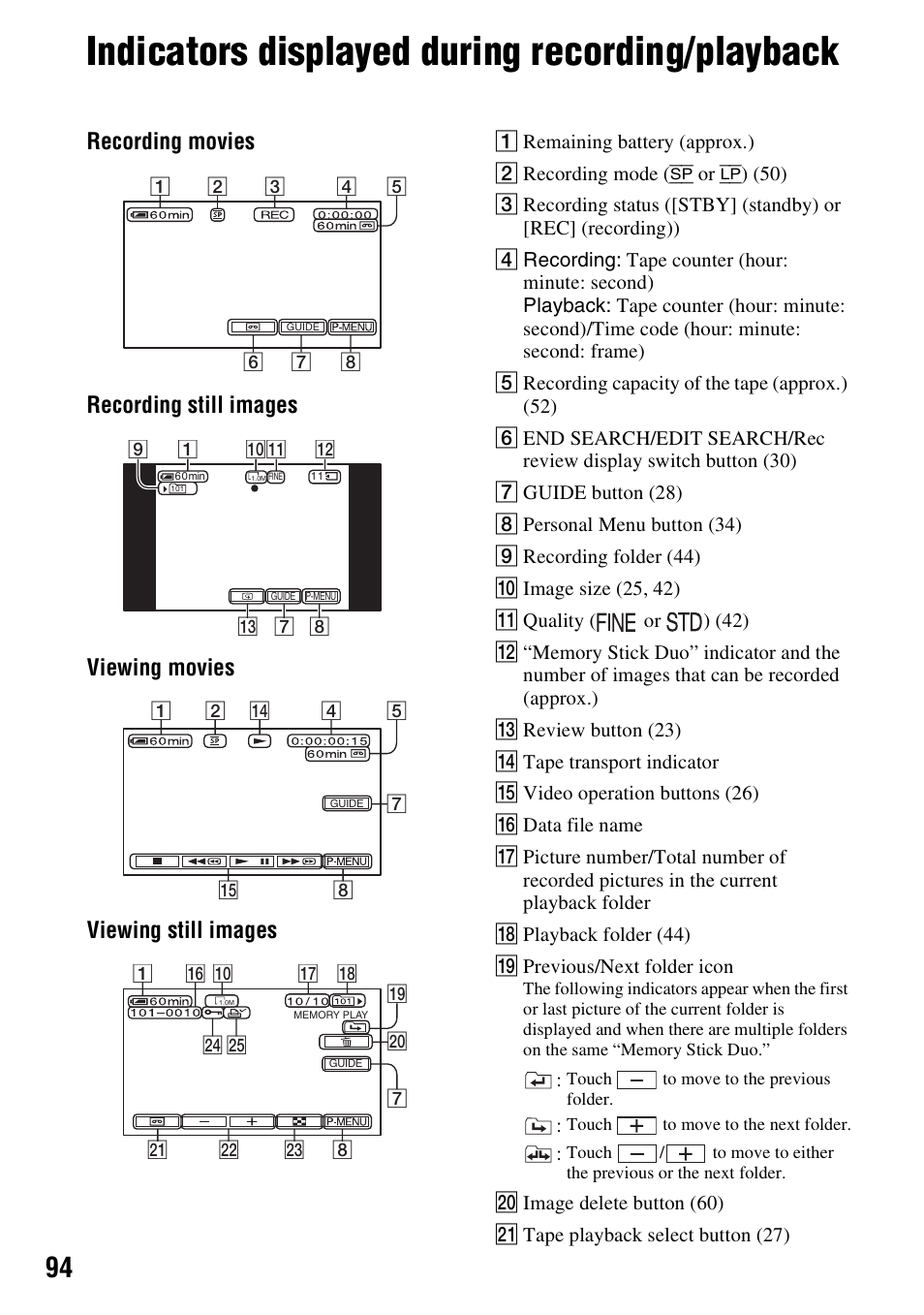 Indicators displayed during recording/playback, Indicators displayed during recording, Playback | Sony DCR-HC62 User Manual | Page 94 / 116