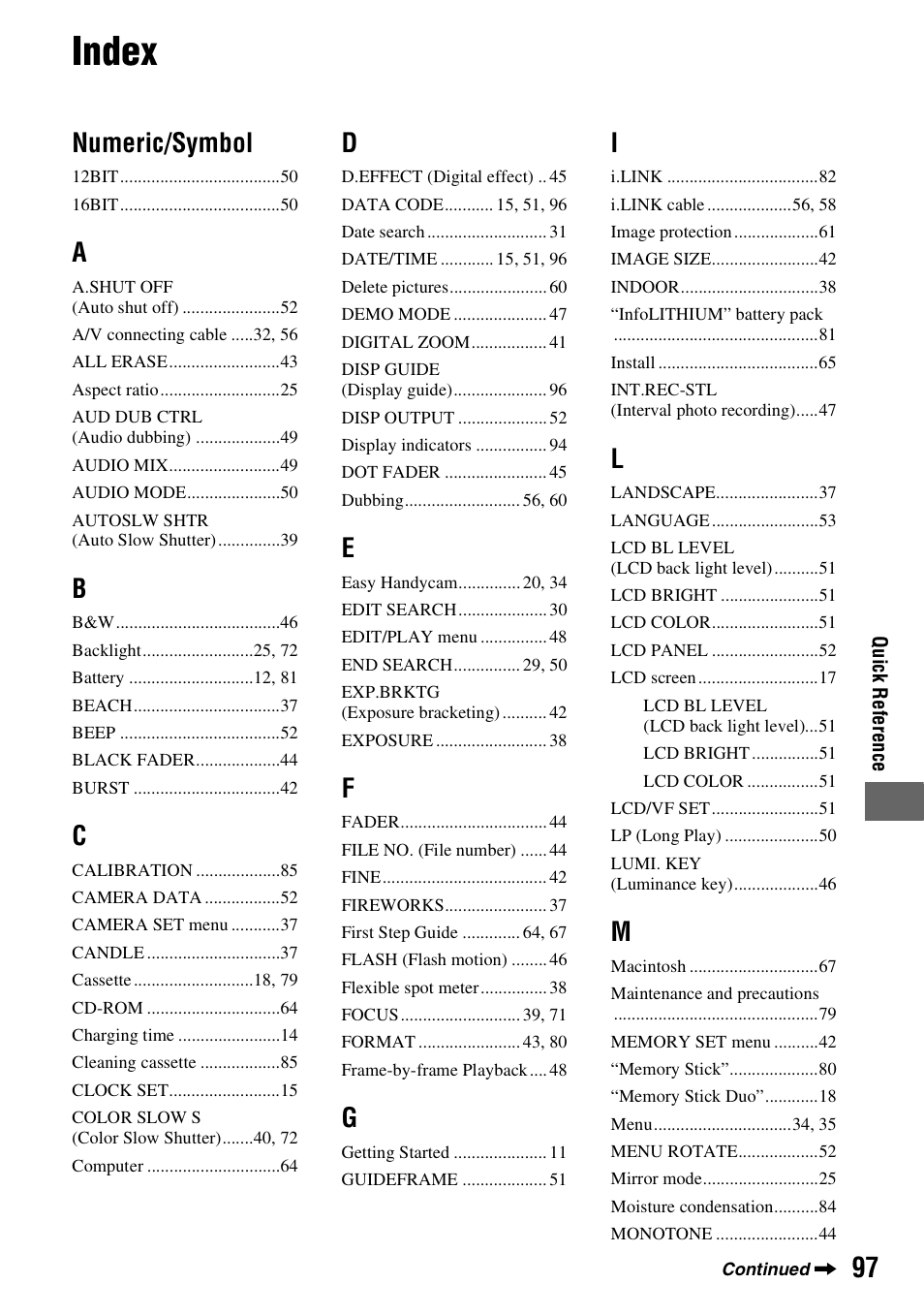 Index, Numeric/symbol | Sony DCR-HC62 User Manual | Page 97 / 116