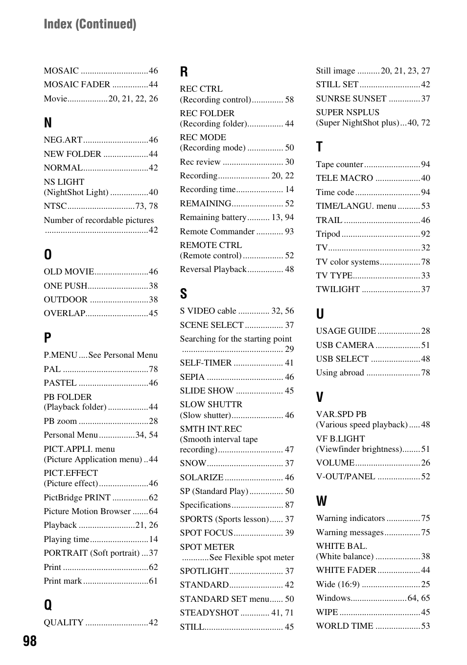 Index (continued) | Sony DCR-HC62 User Manual | Page 98 / 116