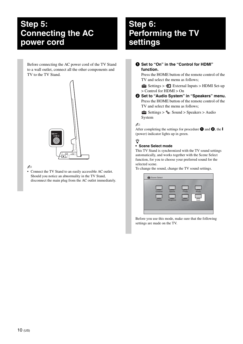 Step 5: connecting the ac power cord, Step 6: performing the tv settings | Sony SU-B550S User Manual | Page 10 / 51