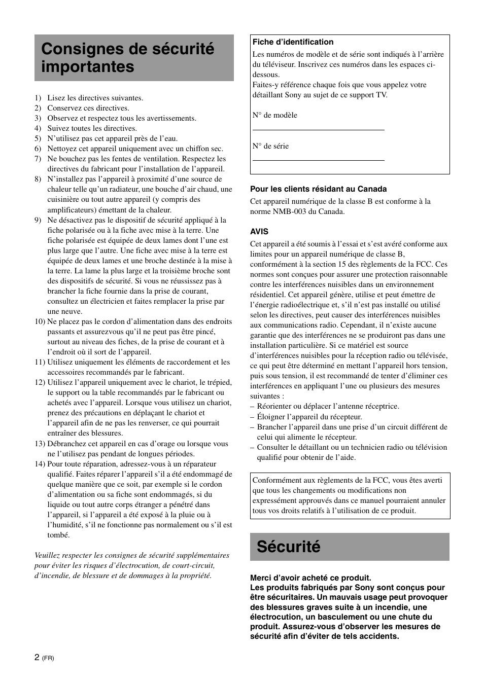 Consignes de sécurité importantes, Sécurité | Sony SU-B550S User Manual | Page 14 / 51